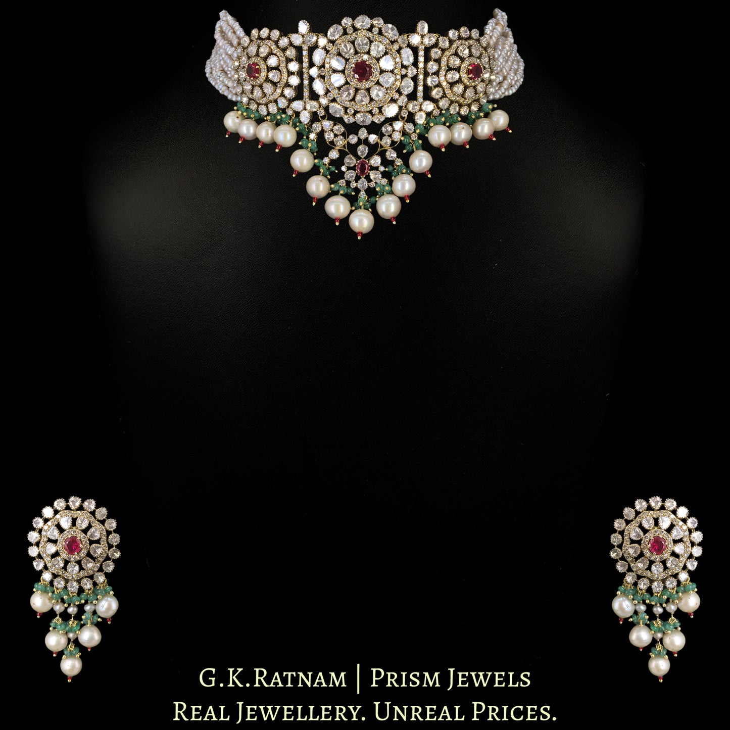 14k Gold and Diamond Polki Open Setting Choker Necklace Set with Antiqued Freshwater Pearls - G. K. Ratnam