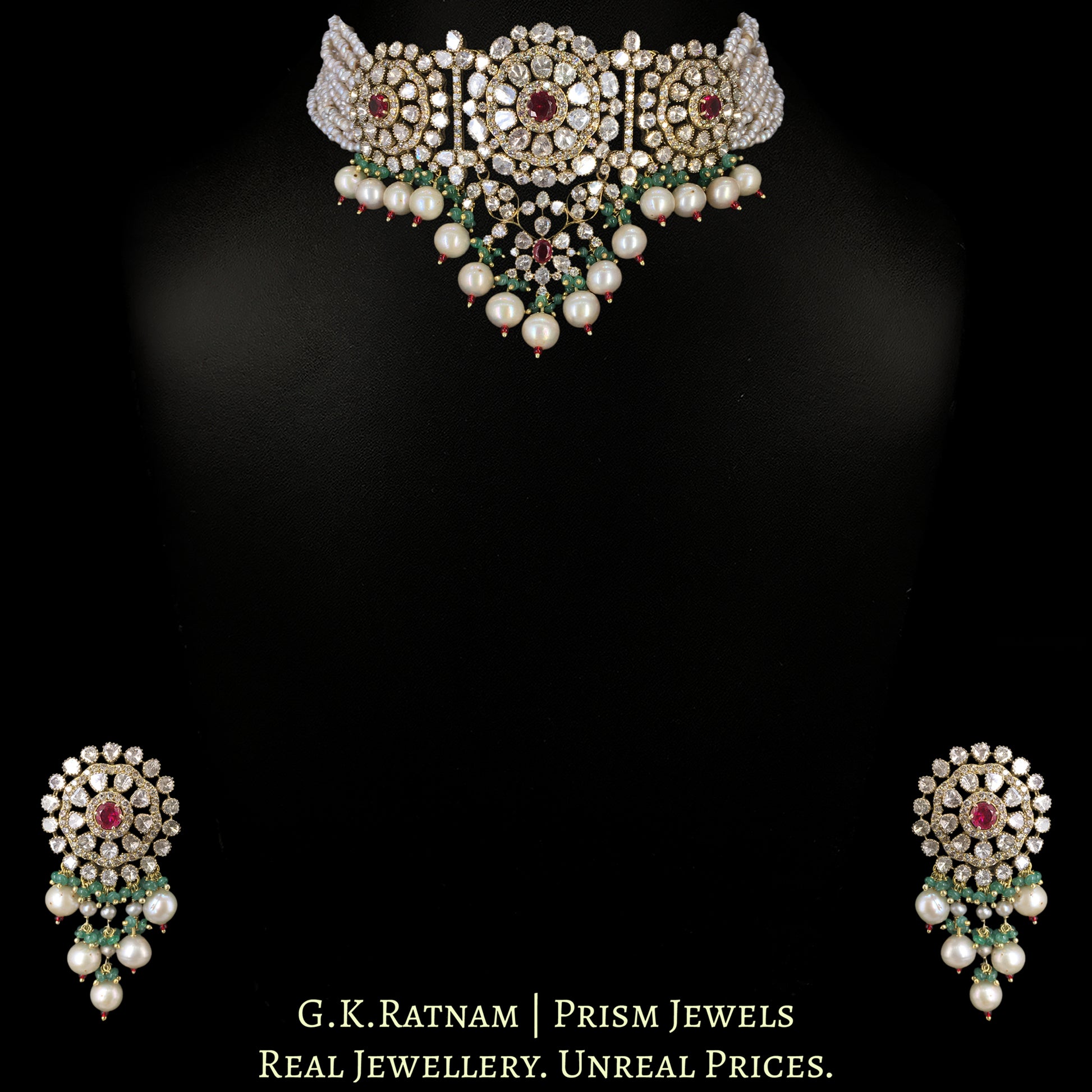 14k Gold and Diamond Polki Open Setting Choker Necklace Set with Antiqued Freshwater Pearls - G. K. Ratnam