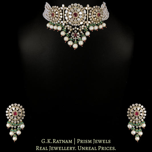14k Gold and Diamond Polki Open Setting Choker Necklace Set with Antiqued Freshwater Pearls - G. K. Ratnam
