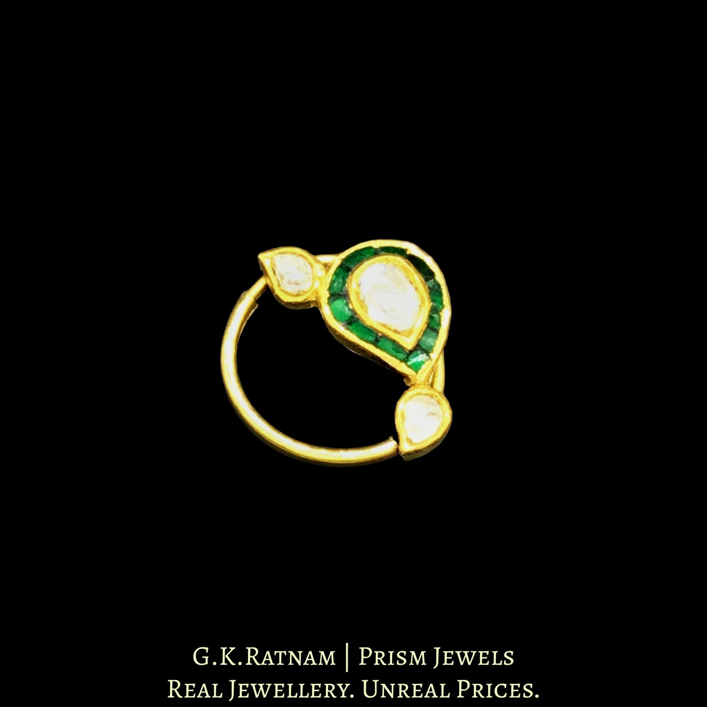 18k Gold and Diamond Polki Small Nose Ring with emerald-green stones - G. K. Ratnam