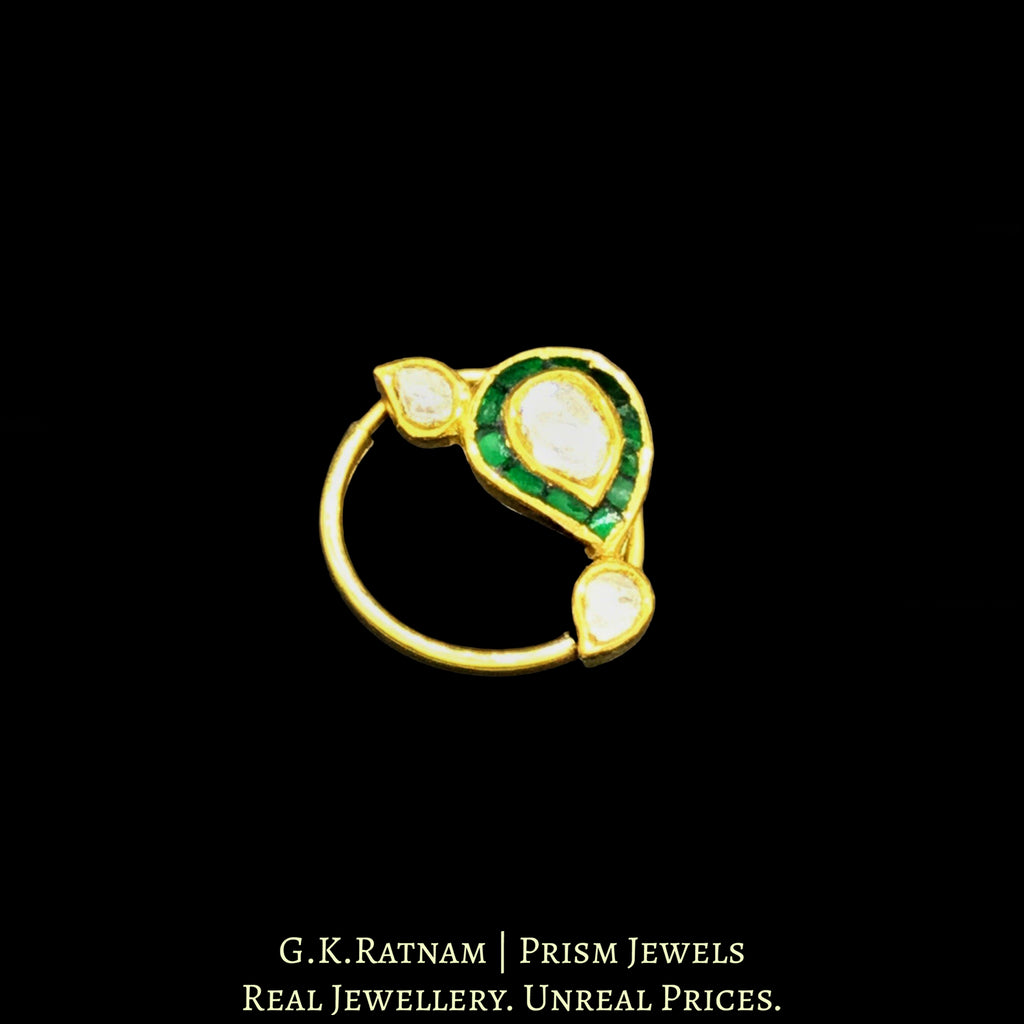 18k Gold and Diamond Polki Small Nose Ring with emerald-green stones