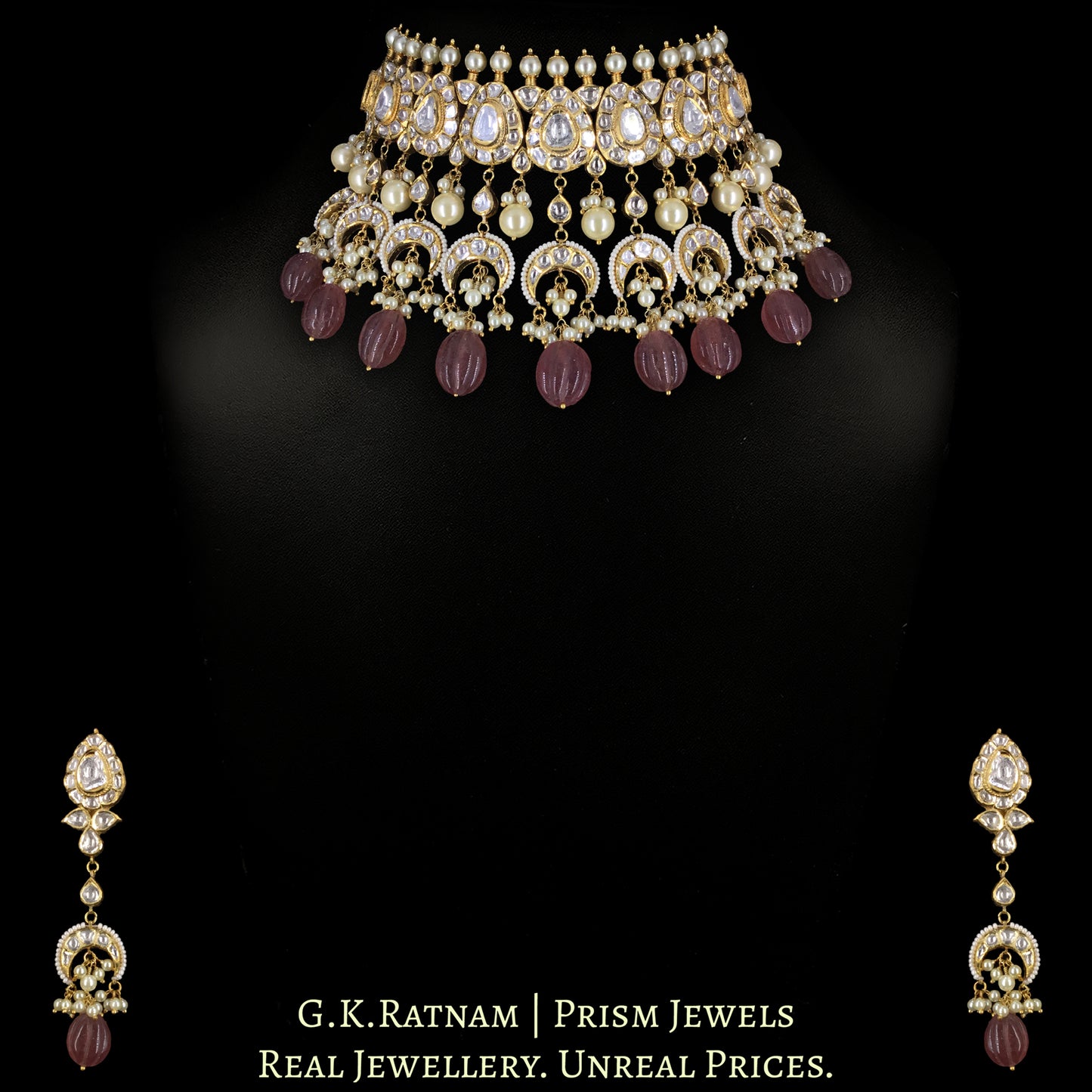 18k Gold and Diamond Polki Choker Necklace Set with pear-shaped motifs enhanced by hand-carved Strawberry Quartz Melons and Pearls - G. K. Ratnam