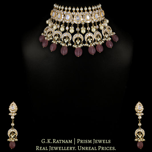 18k Gold and Diamond Polki Choker Necklace Set with pear-shaped motifs enhanced by hand-carved Strawberry Quartz Melons and Pearls - G. K. Ratnam