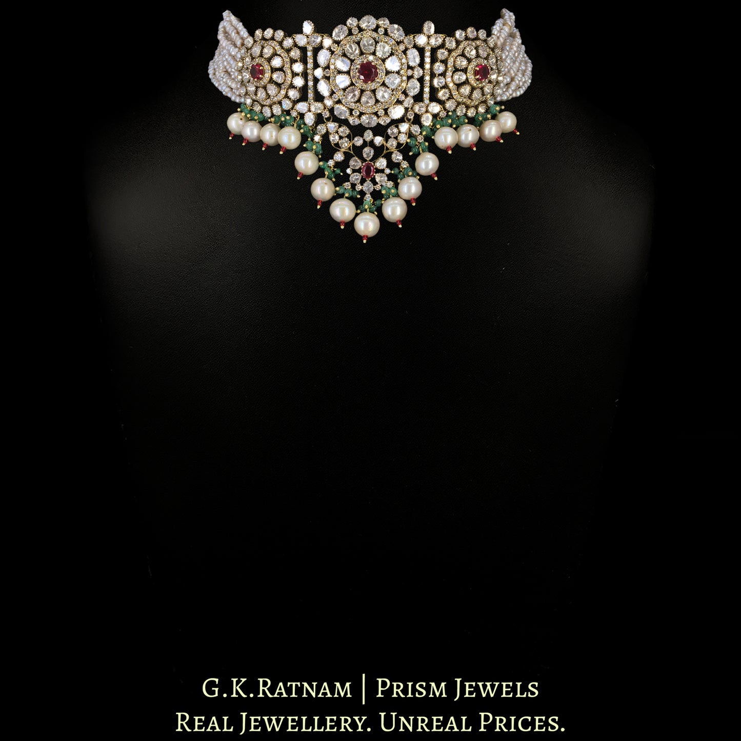 14k Gold and Diamond Polki Open Setting Choker Necklace Set with Antiqued Freshwater Pearls - G. K. Ratnam