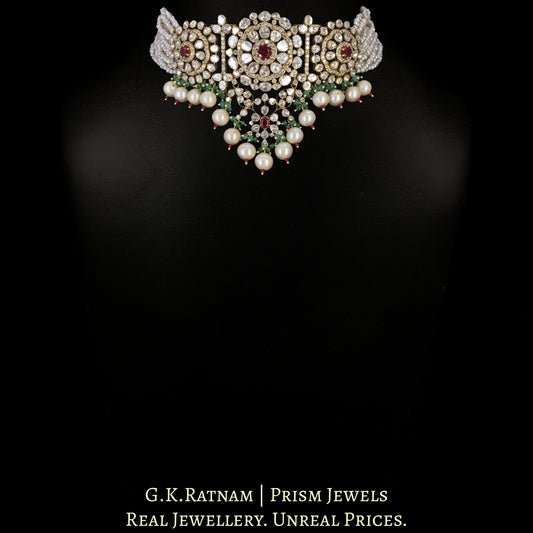 14k Gold and Diamond Polki Open Setting Choker Necklace Set with Antiqued Freshwater Pearls - G. K. Ratnam