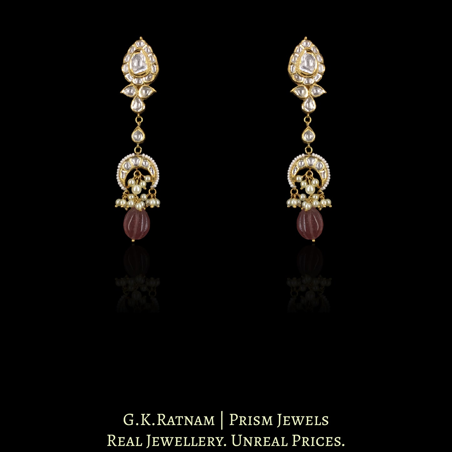 18k Gold and Diamond Polki Choker Necklace Set with pear-shaped motifs enhanced by hand-carved Strawberry Quartz Melons and Pearls - G. K. Ratnam