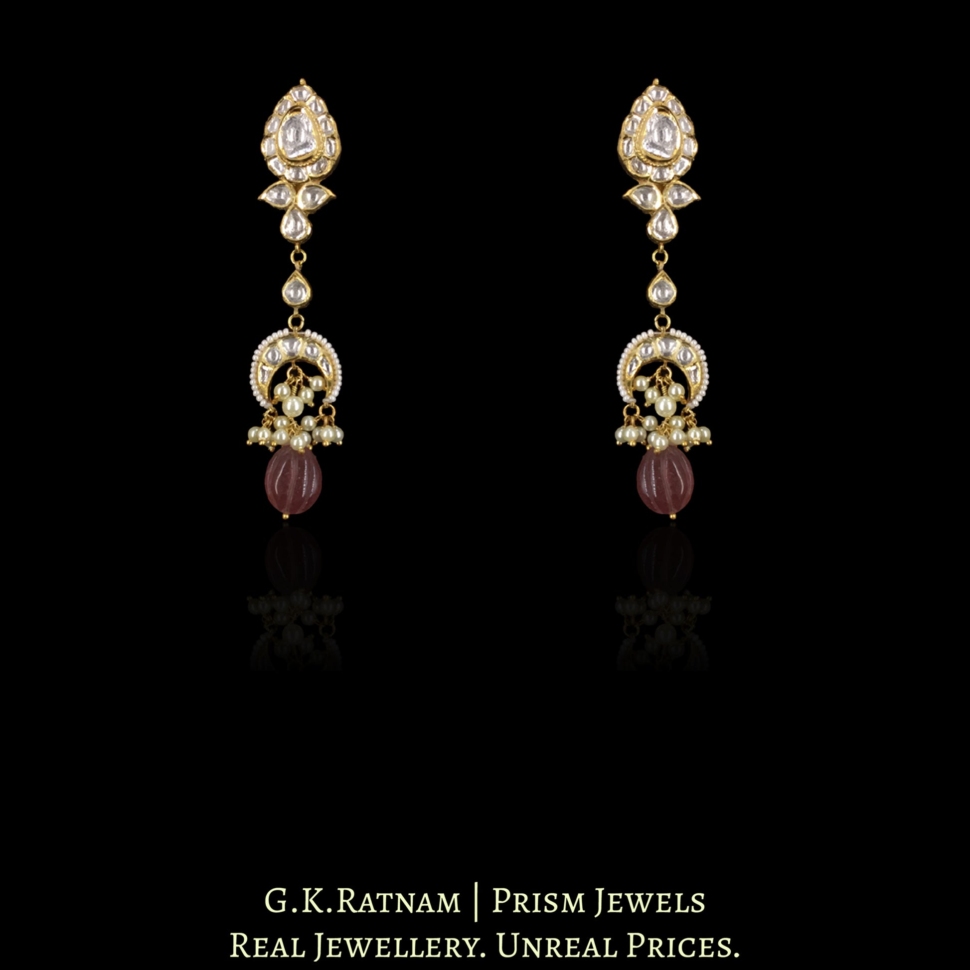 18k Gold and Diamond Polki Choker Necklace Set with pear-shaped motifs enhanced by hand-carved Strawberry Quartz Melons and Pearls - G. K. Ratnam