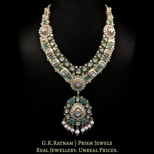 18k Gold and Diamond Polki Long Necklace Set with Rubies and emerald-green Strawberry Quartz