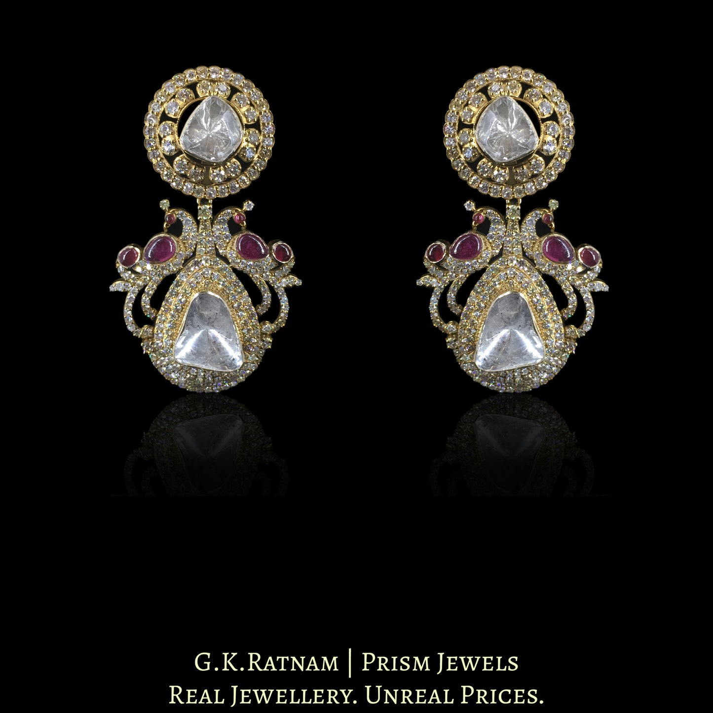 14k Gold and Diamond Polki Open Setting Long Earring Pair in victorian-finish