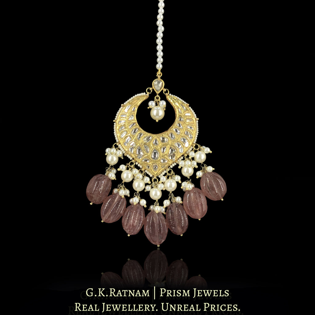 23k Gold and Diamond Polki Maang Tika With Pearls and Strawberry Quartz Melons