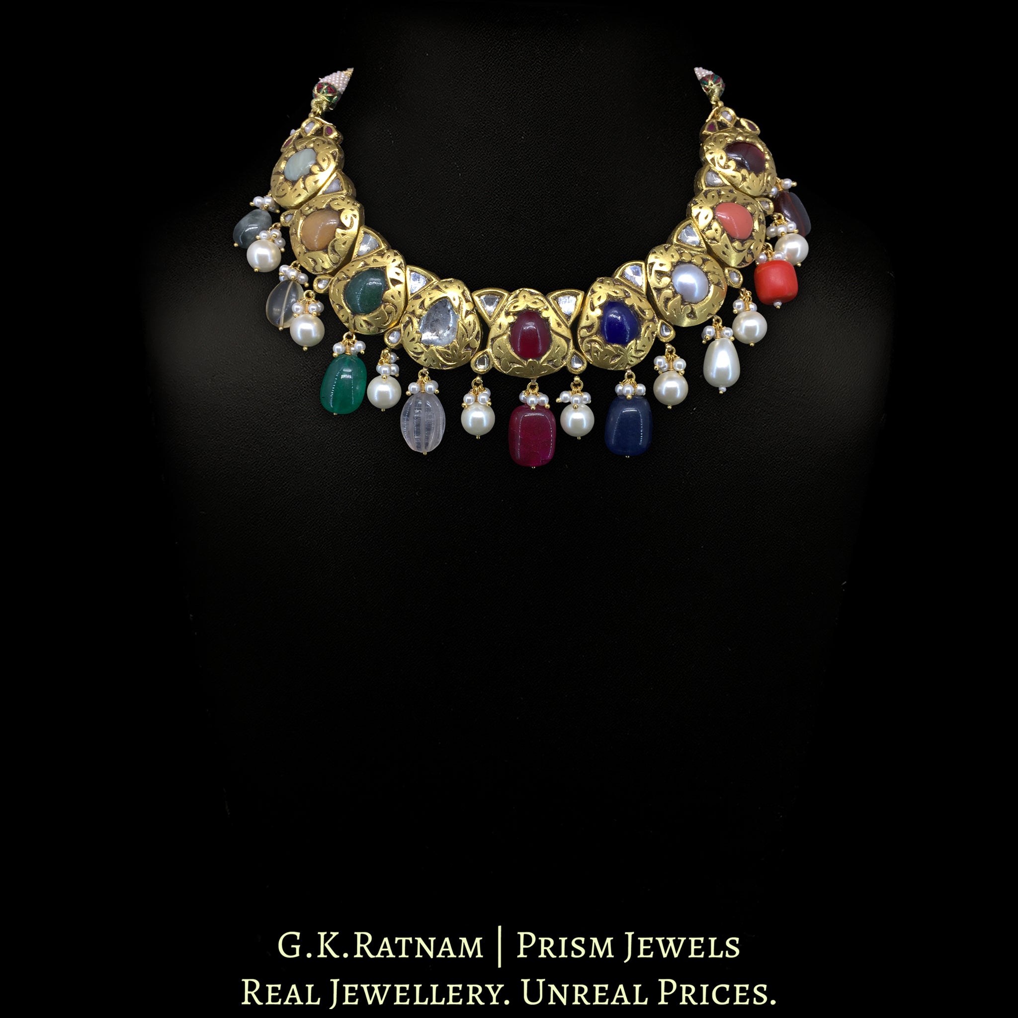 23k Gold and Diamond Polki Navratna Necklace Set