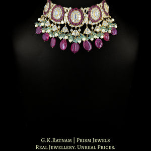 18k Gold and Diamond Polki Choker Necklace enhanced with Rubies, Emeralds and Pearls