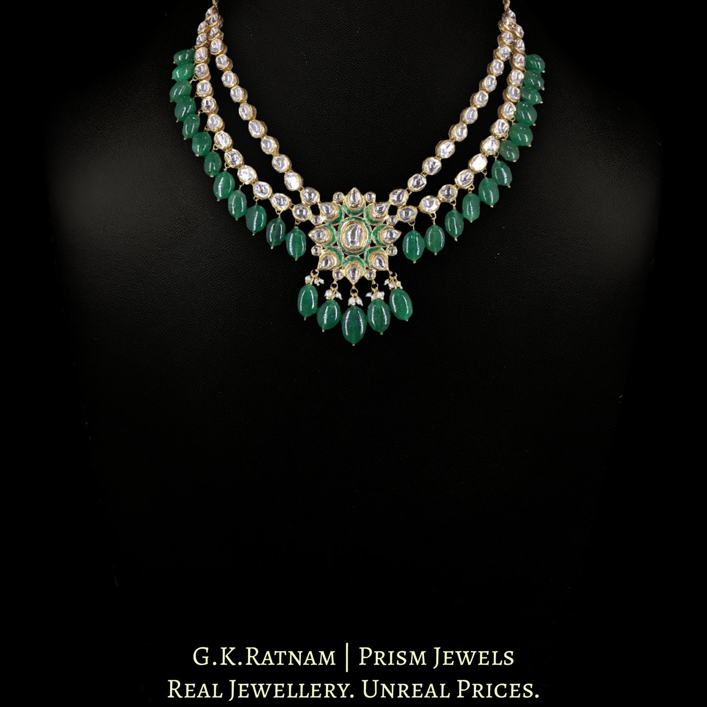 18k Gold And Diamond Polki Necklace with emerald-grade Green Beryls