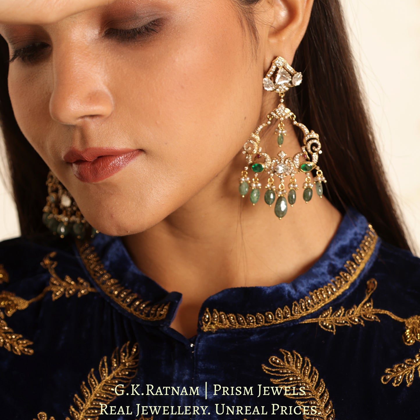 14k Gold and Diamond Polki Open Setting Chand Bali Earring Pair with Natural Emeralds