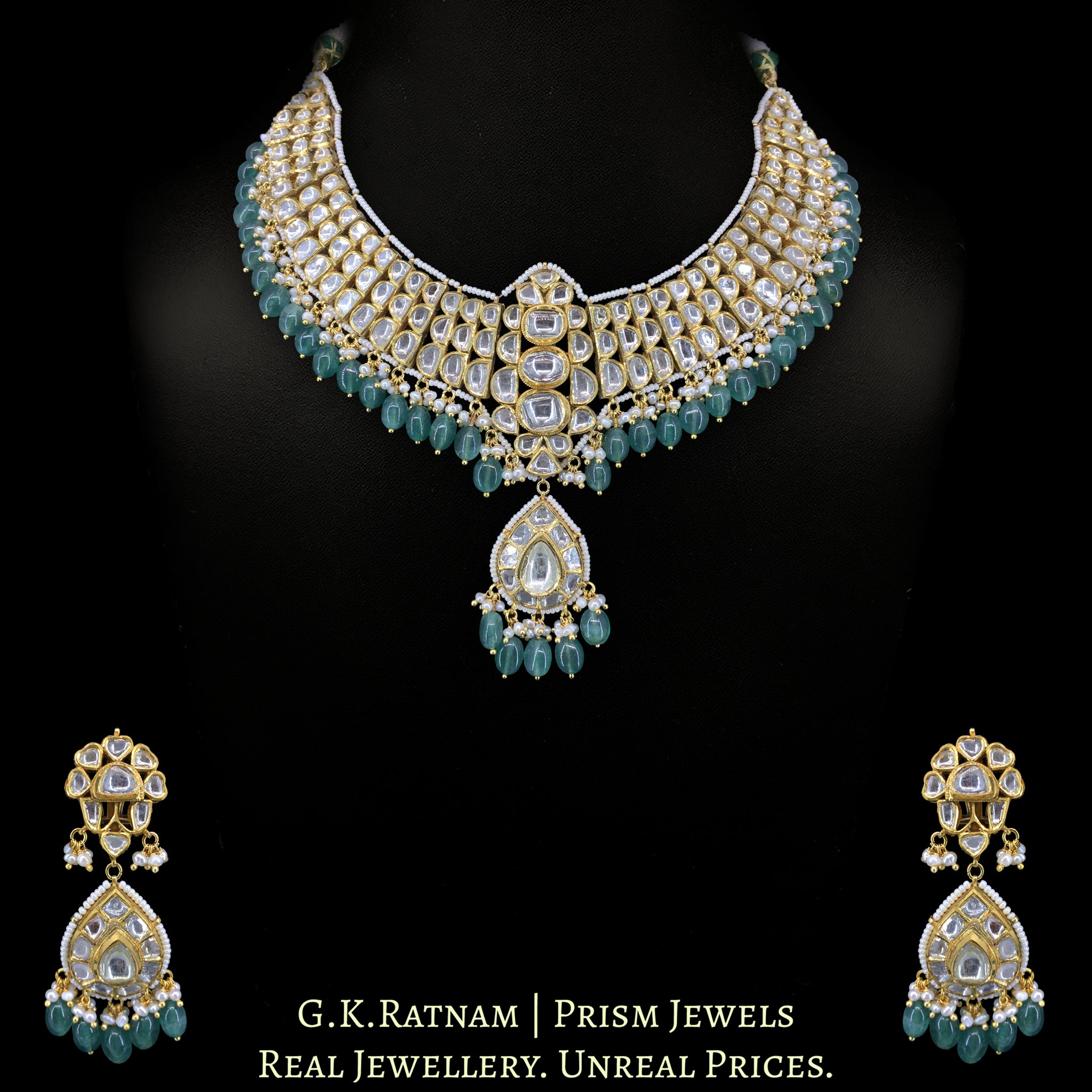 18k Gold and Diamond Polki Necklace Set with emerald-green Strawberry Quartz