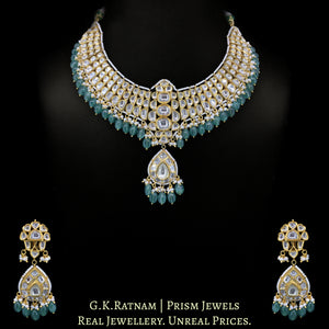 18k Gold and Diamond Polki Necklace Set with emerald-green Strawberry Quartz