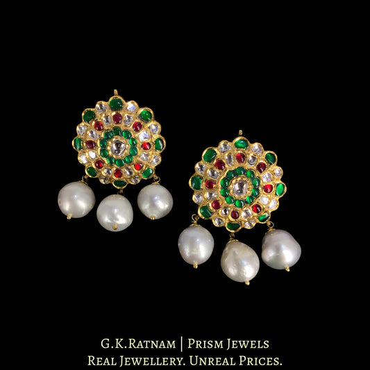 18k Gold and Diamond Polki south-style Karanphool Earring Pair with Rubies and Emeralds