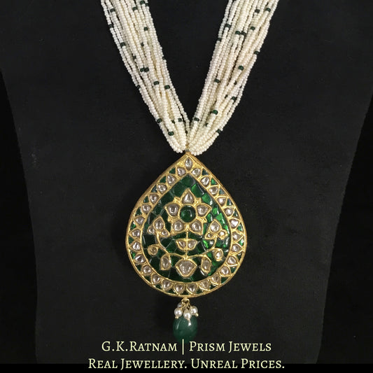 23k Gold and Diamond Polki Green pear-shaped Pendant with Chid Pearl Bunches