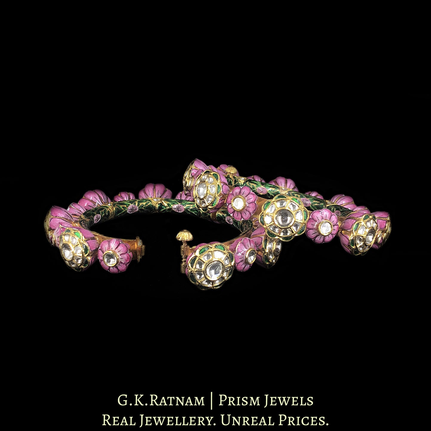 22k Gold and Diamond Polki Bangle Pair (Pacheli) with Pink Meenakari - G. K. Ratnam