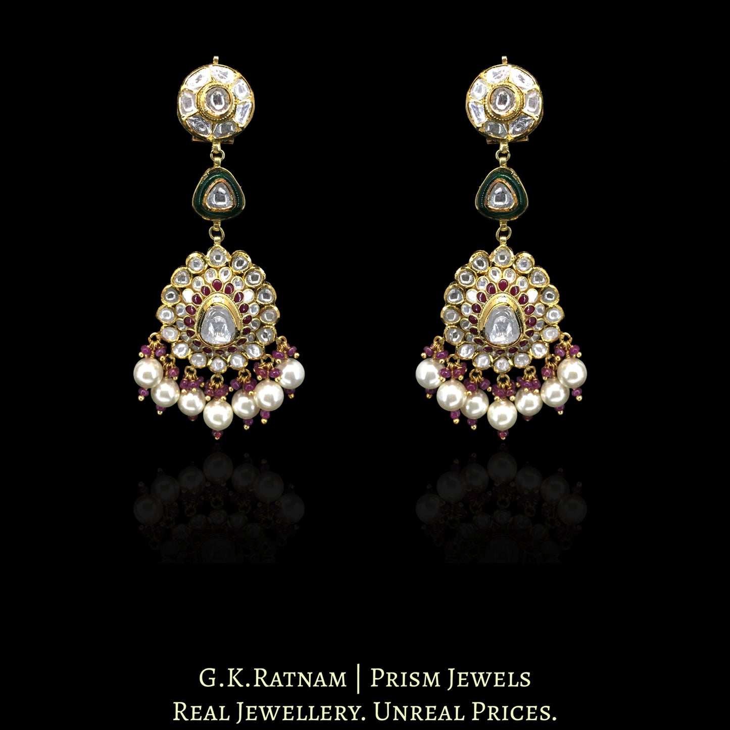 18k Gold and Diamond Polki Long Necklace Set with Rubies and emerald-green Strawberry Quartz - G. K. Ratnam