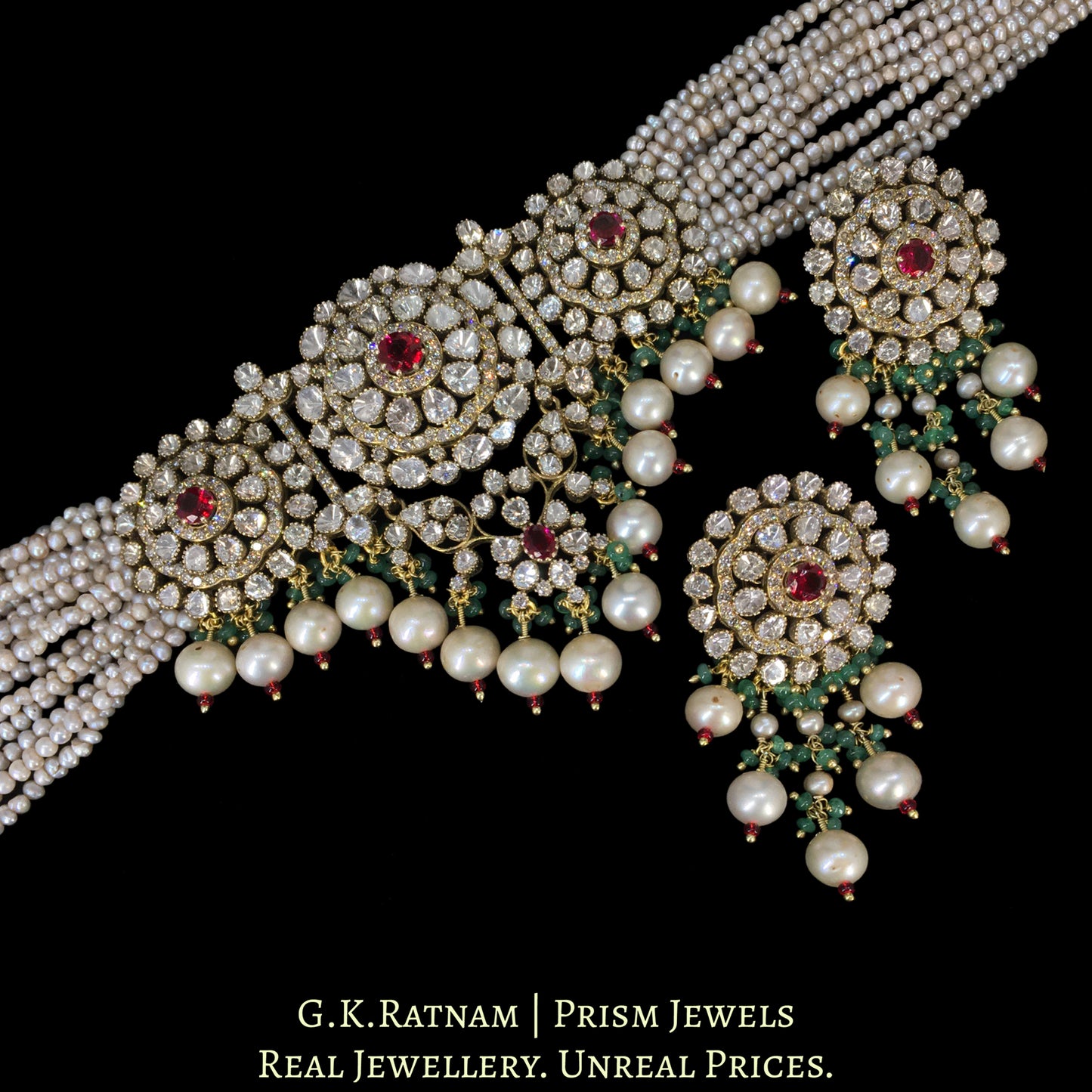 14k Gold and Diamond Polki Open Setting Choker Necklace Set with Antiqued Freshwater Pearls - G. K. Ratnam