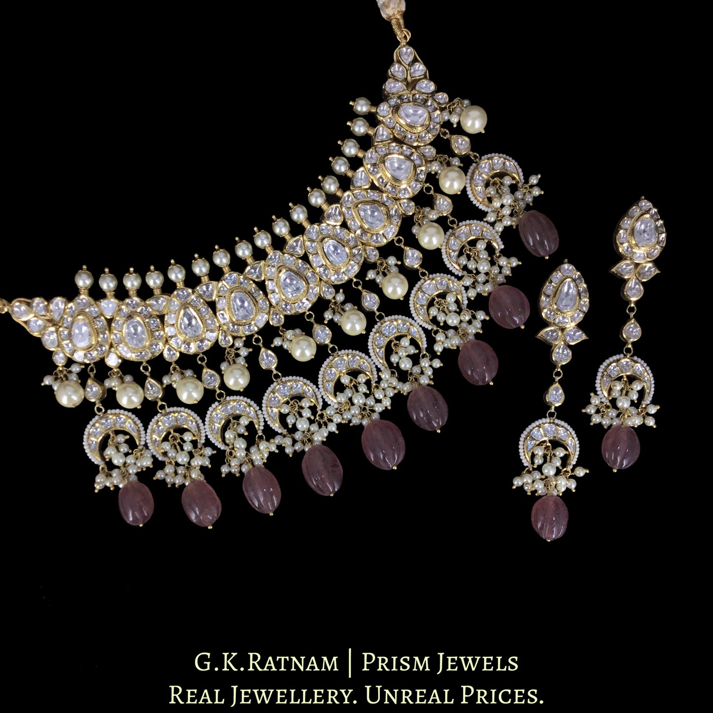 18k Gold and Diamond Polki Choker Necklace Set with pear-shaped motifs enhanced by hand-carved Strawberry Quartz Melons and Pearls - G. K. Ratnam