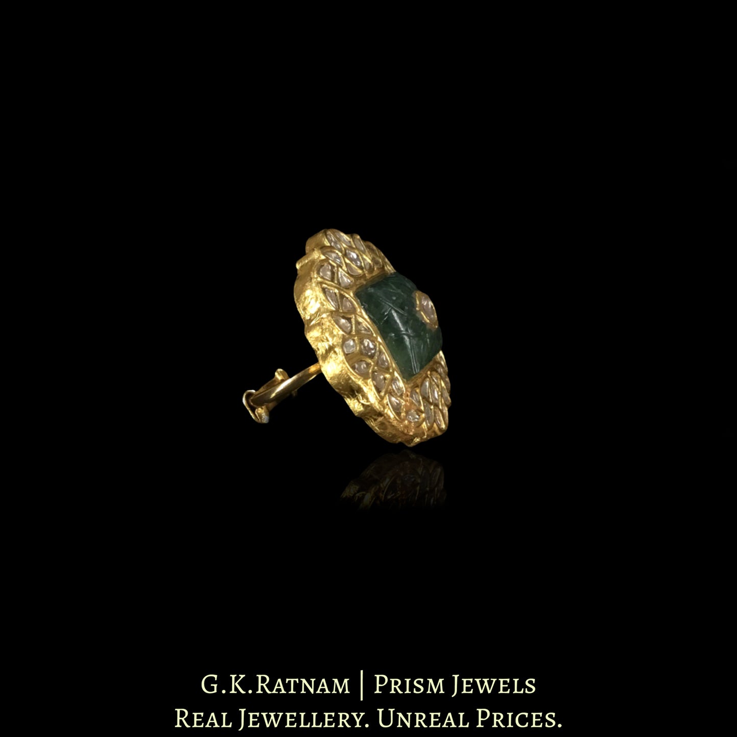 23k Gold and Diamond Polki Ring with hand-carved Strawberry Quartz