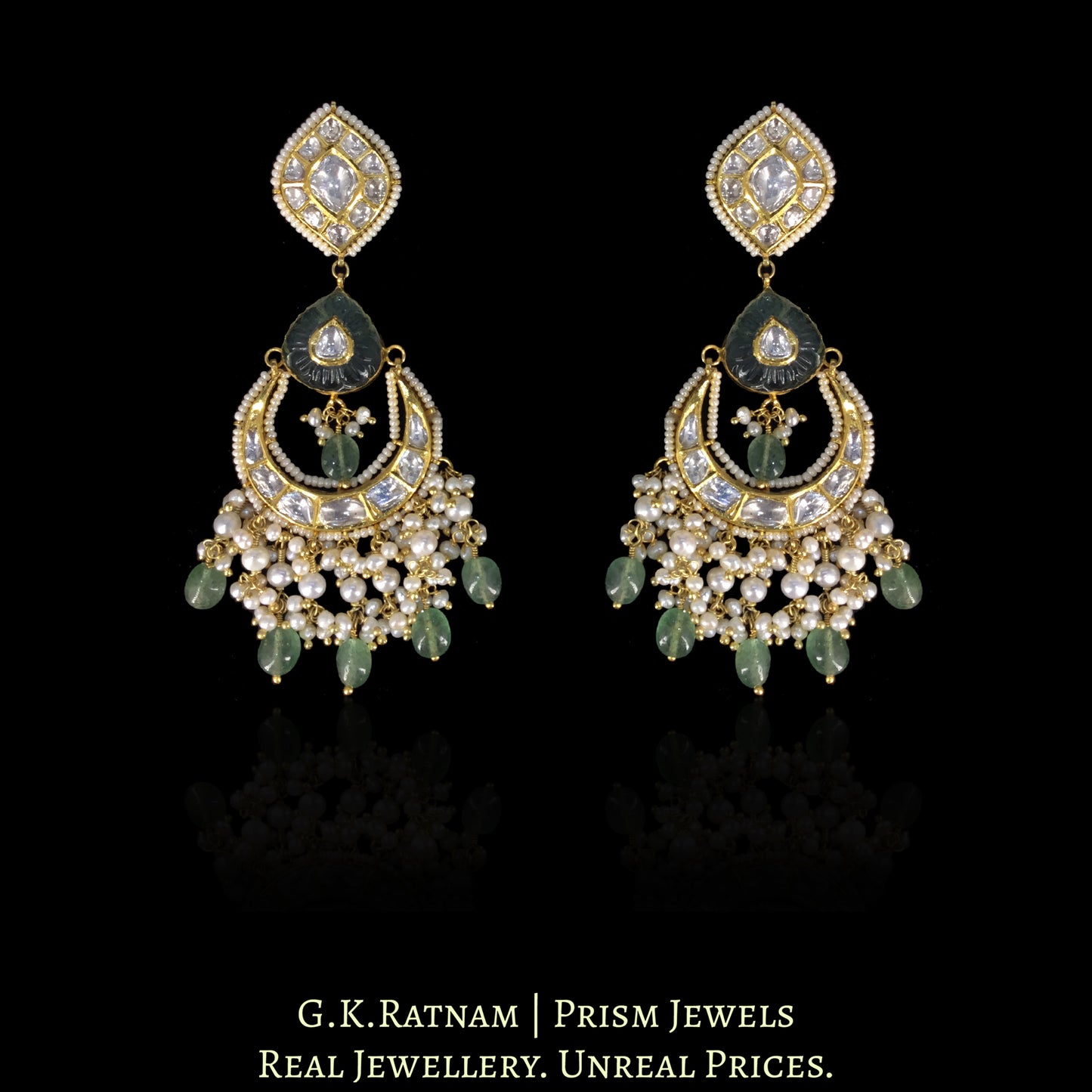 18k Gold and Diamond Polki Choker Necklace Set with concentric crescents and chand-shaped uncut hangings