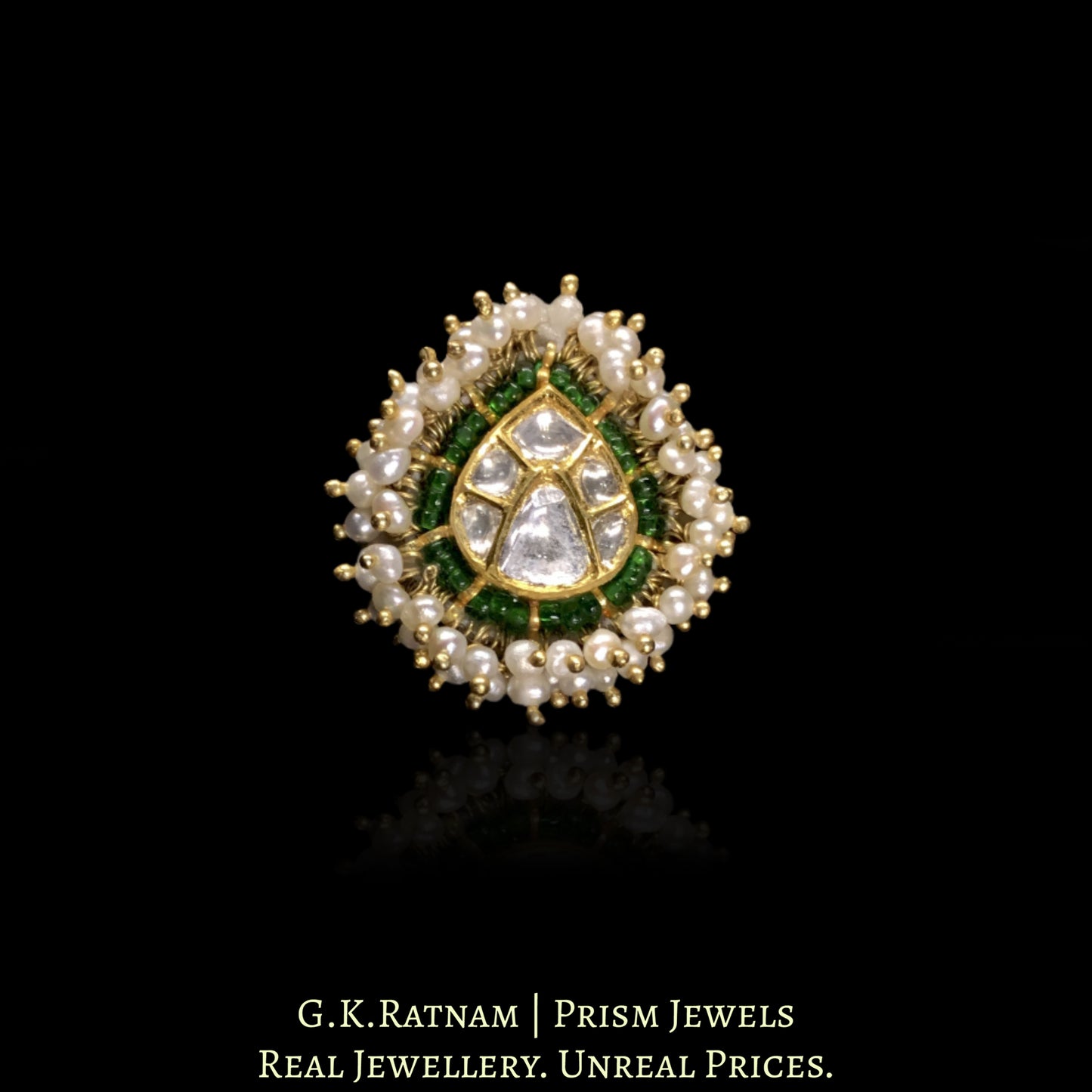 18K Gold and Diamond Polki pear-shaped Ring with Natural Freshwater Pearls - G. K. Ratnam