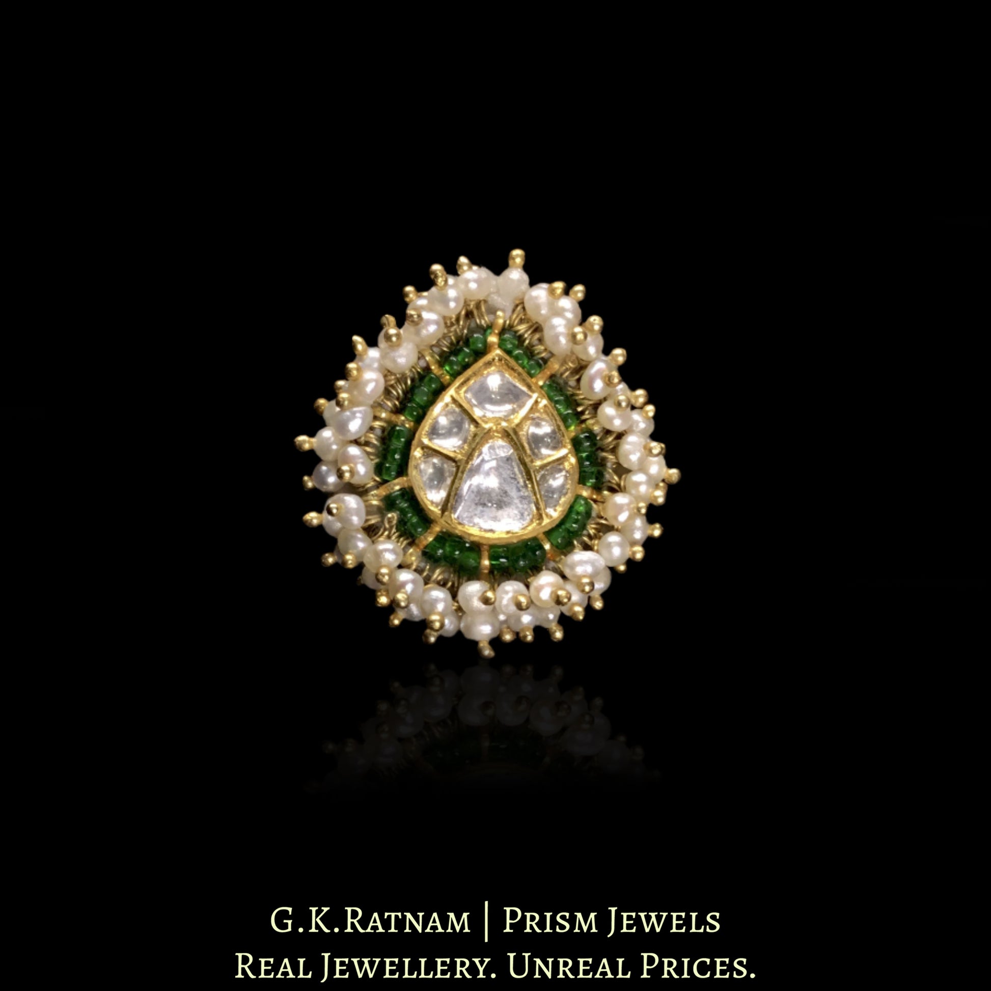 18K Gold and Diamond Polki pear-shaped Ring with Natural Freshwater Pearls - G. K. Ratnam
