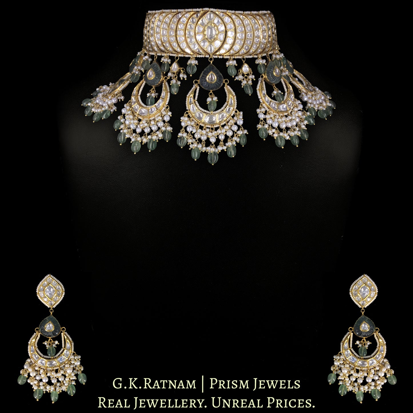 18k Gold and Diamond Polki Choker Necklace Set with concentric crescents and chand-shaped uncut hangings