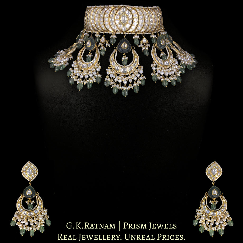 18k Gold and Diamond Polki Choker Necklace Set with concentric crescents and chand-shaped uncut hangings