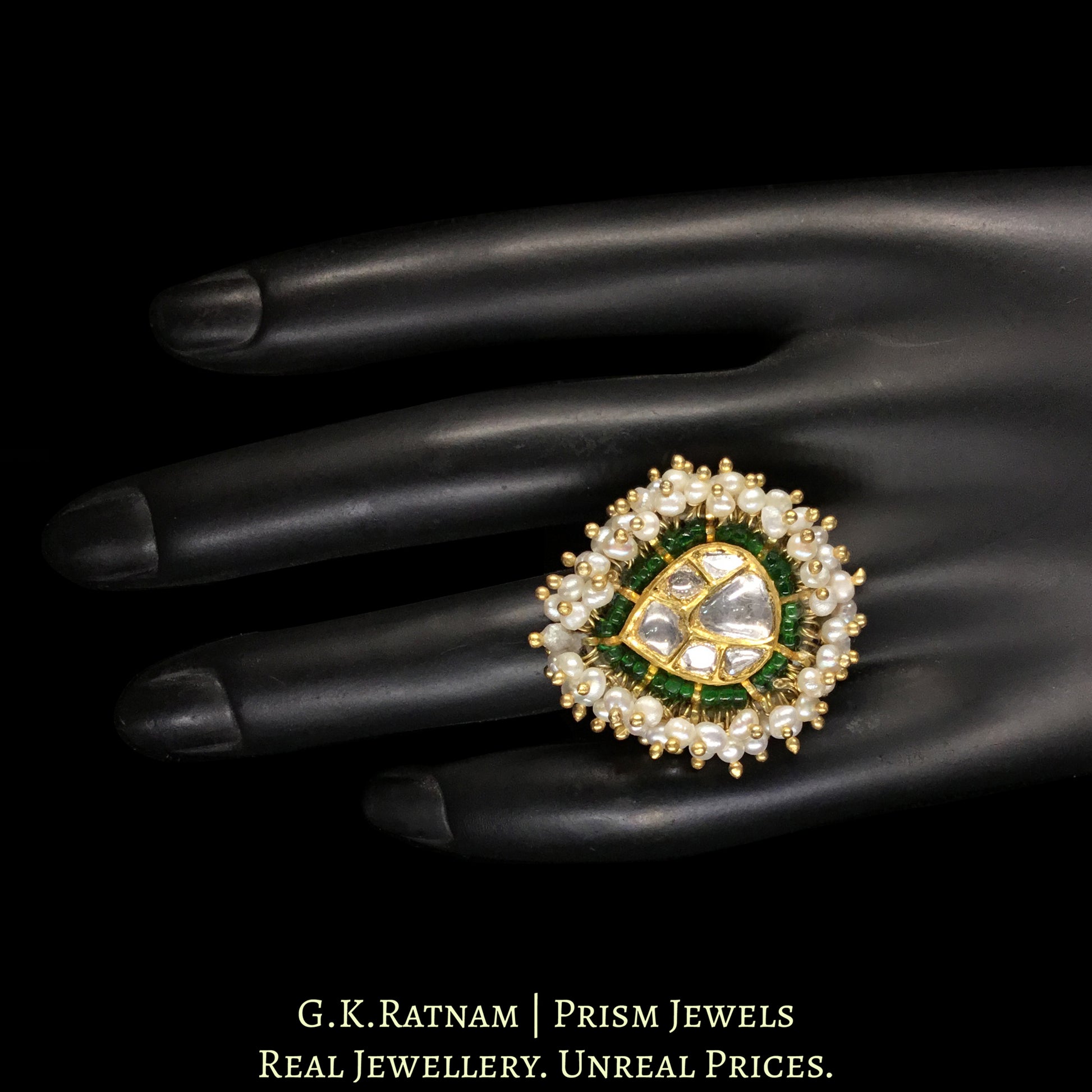 18K Gold and Diamond Polki pear-shaped Ring with Natural Freshwater Pearls - G. K. Ratnam