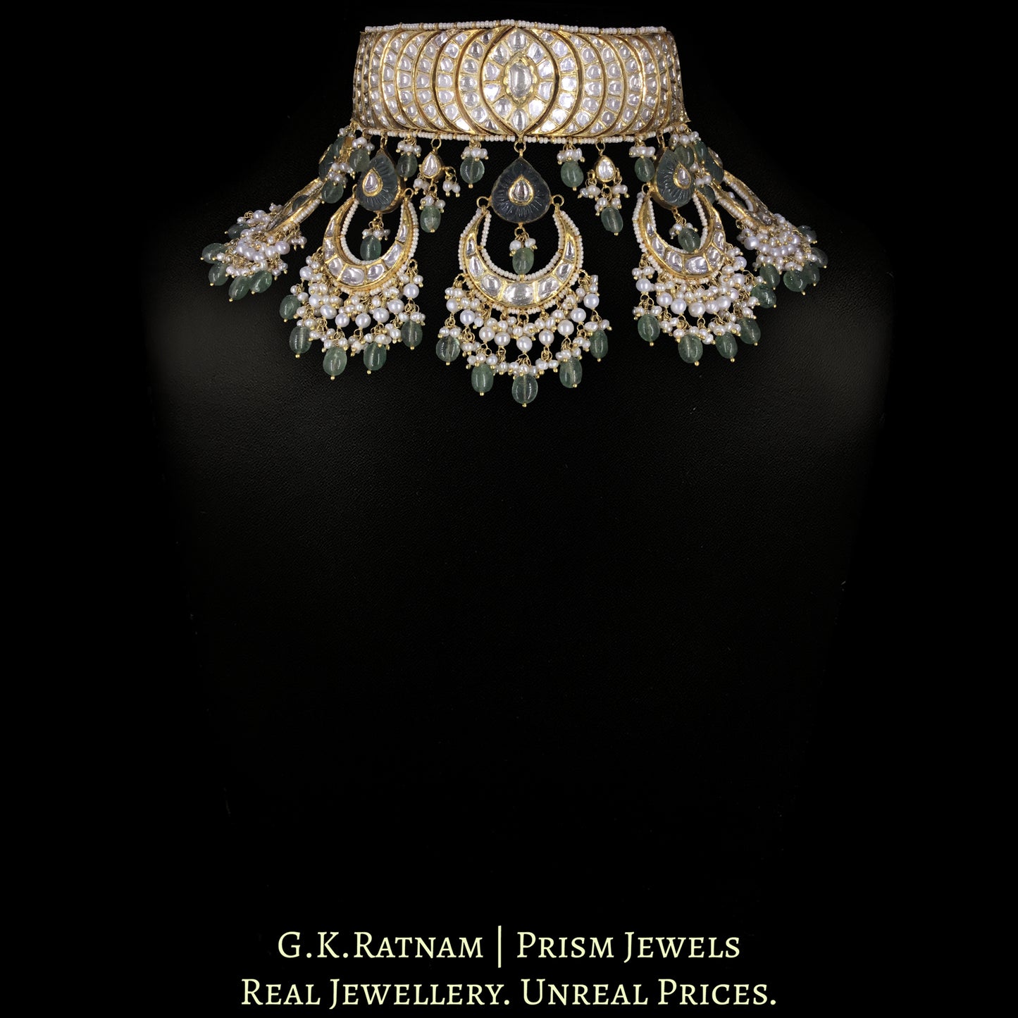 18k Gold and Diamond Polki Choker Necklace Set with concentric crescents and chand-shaped uncut hangings