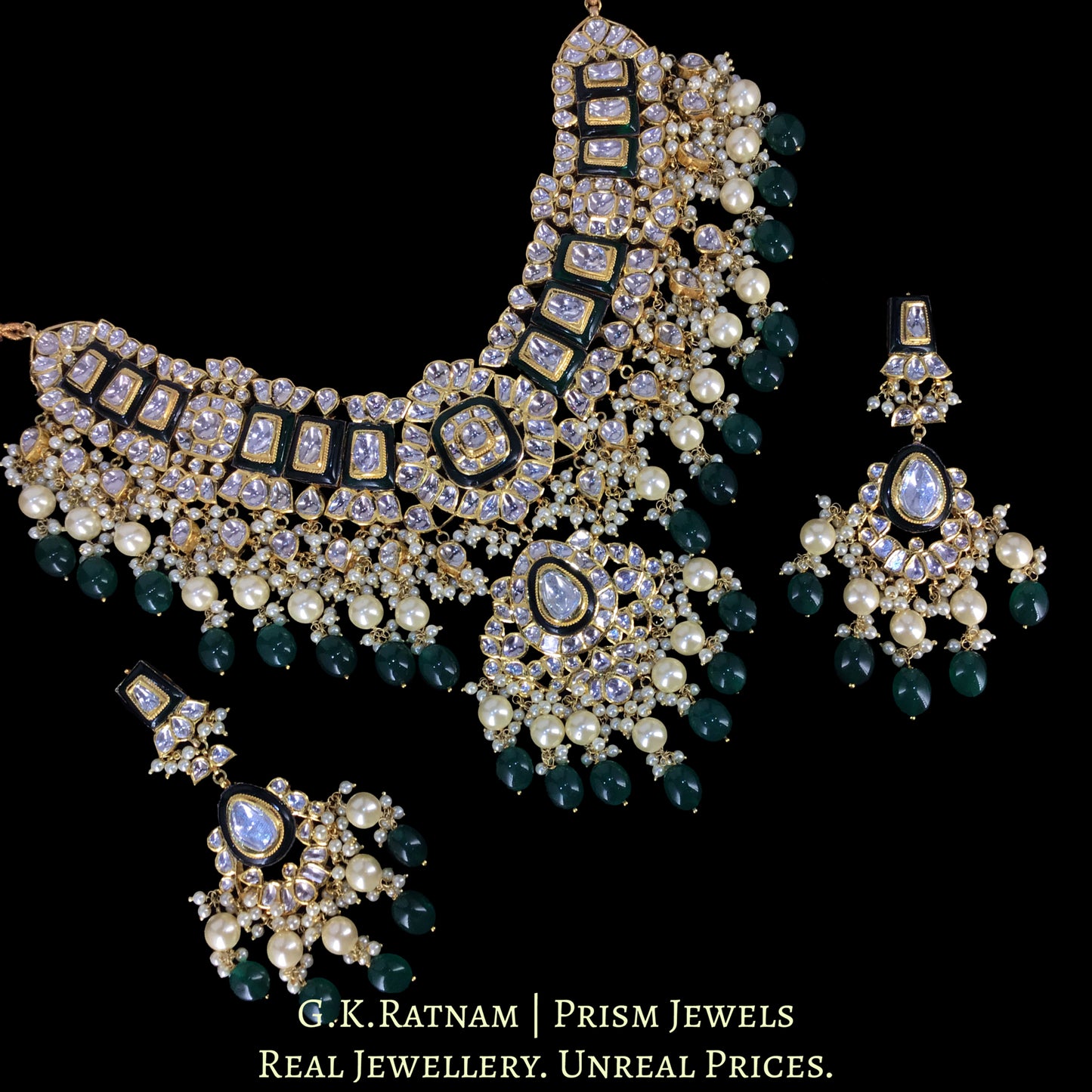 18k Gold and Diamond Polki Necklace Set With lustrous Pearls and Green Beryls