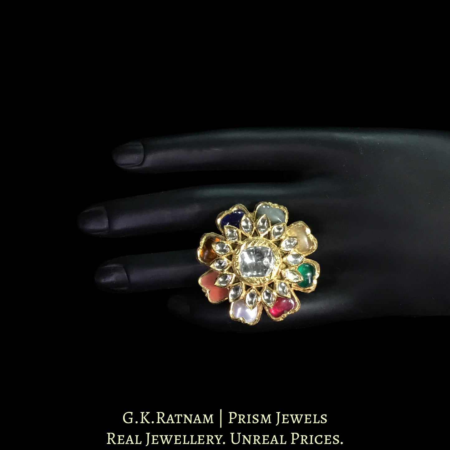 22k Gold and Diamond Polki Navratna Cocktail Ring - G. K. Ratnam