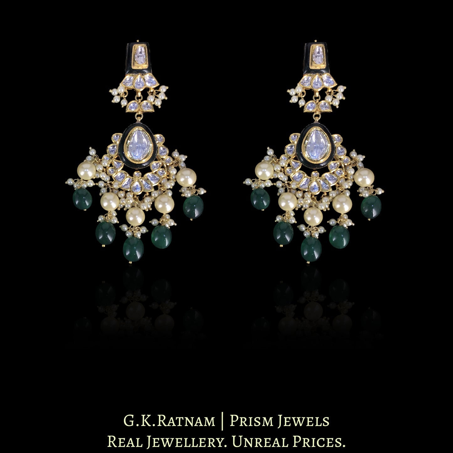 18k Gold and Diamond Polki Necklace Set With lustrous Pearls and Green Beryls