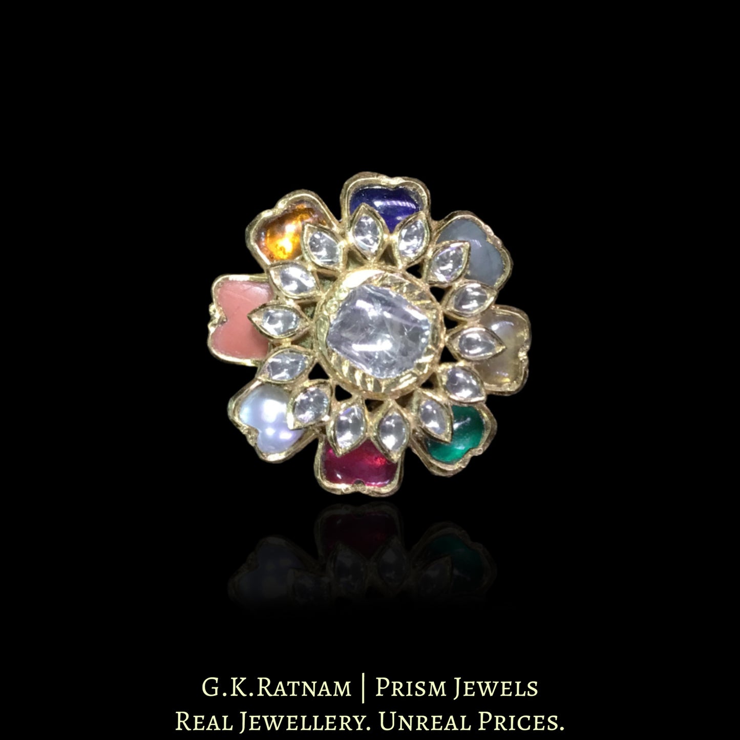 22k Gold and Diamond Polki Navratna Cocktail Ring - G. K. Ratnam