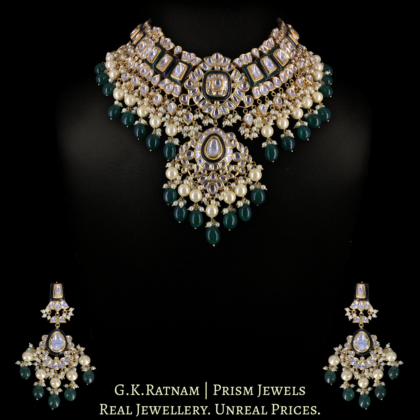 18k Gold and Diamond Polki Necklace Set With lustrous Pearls and Green Beryls