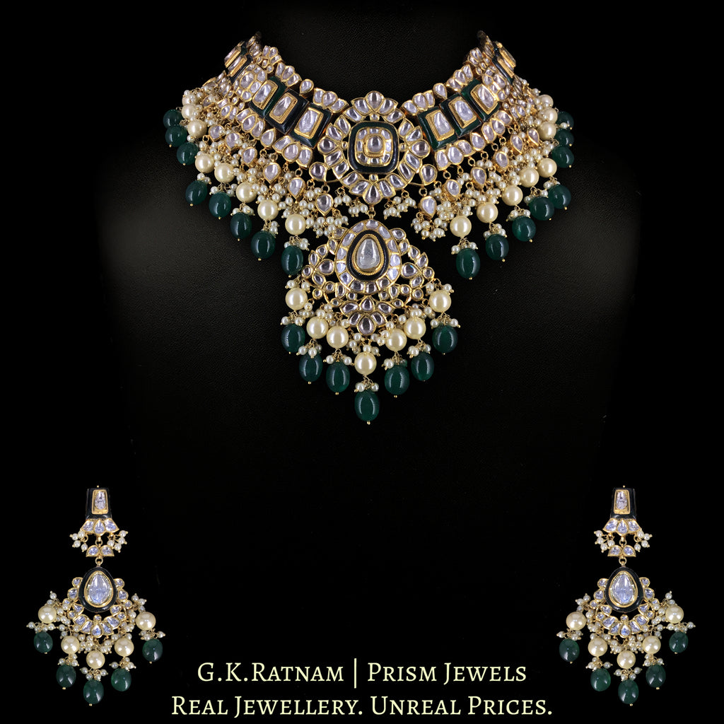18k Gold and Diamond Polki Necklace Set With lustrous Pearls and Green Beryls