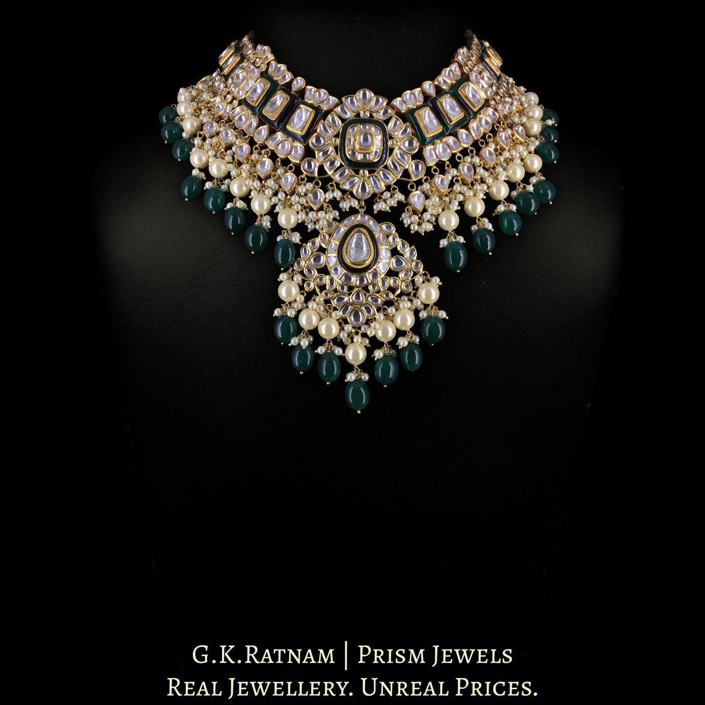 18k Gold and Diamond Polki Necklace Set With lustrous Pearls and Green Beryls