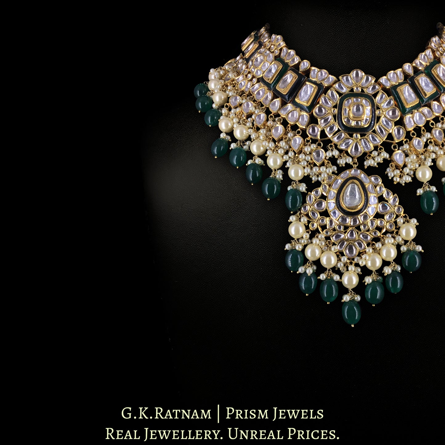 18k Gold and Diamond Polki Necklace Set With lustrous Pearls and Green Beryls