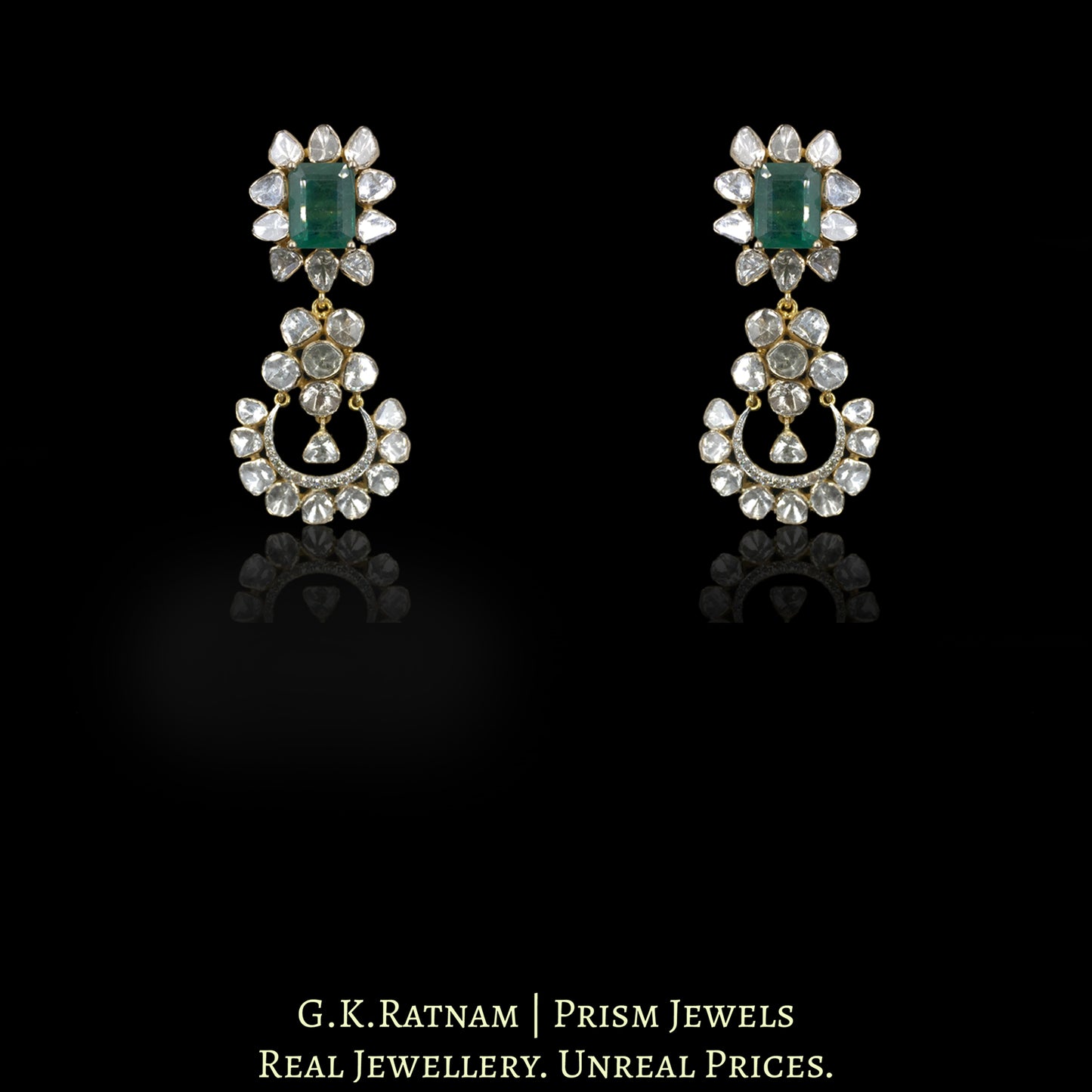 18k Gold and Diamond Polki Open Setting Necklace Set with Natural Emeralds