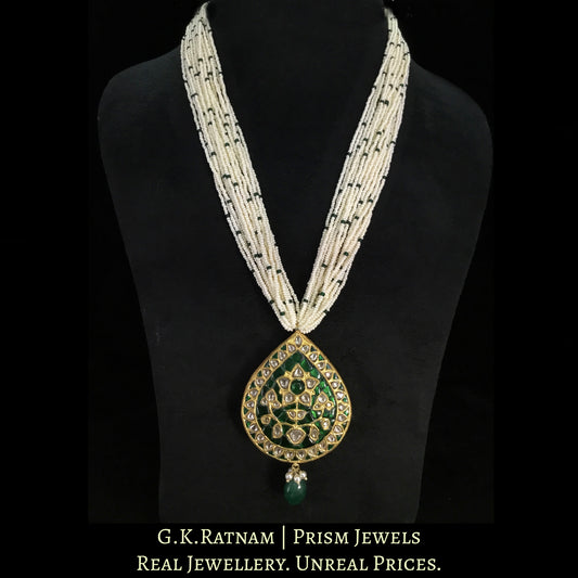 23k Gold and Diamond Polki Green pear-shaped Pendant with Chid Pearl Bunches