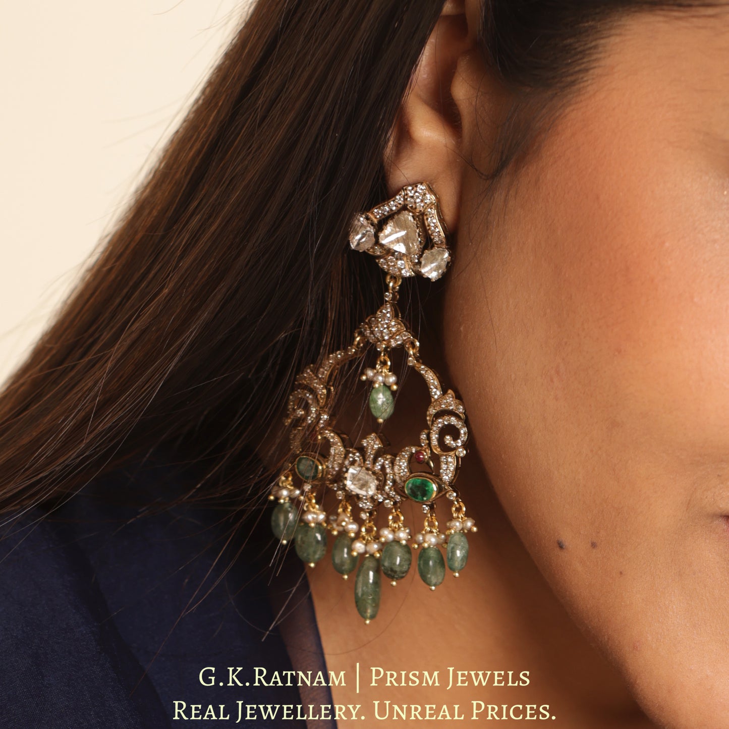14k Gold and Diamond Polki Open Setting Chand Bali Earring Pair with Natural Emeralds