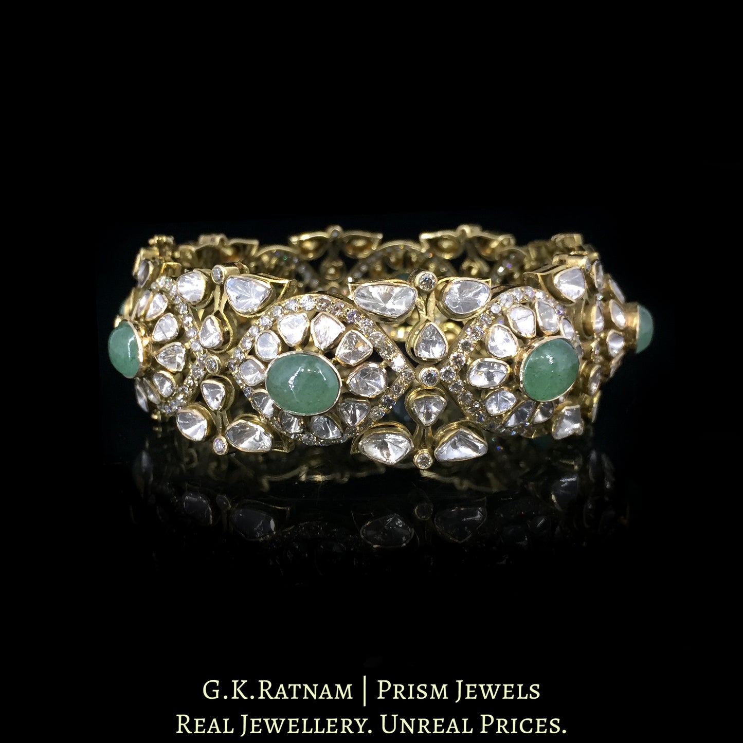 18k Gold and Diamond Polki Open Setting Bangle with emerald-grade Strawberry Quartz - G. K. Ratnam