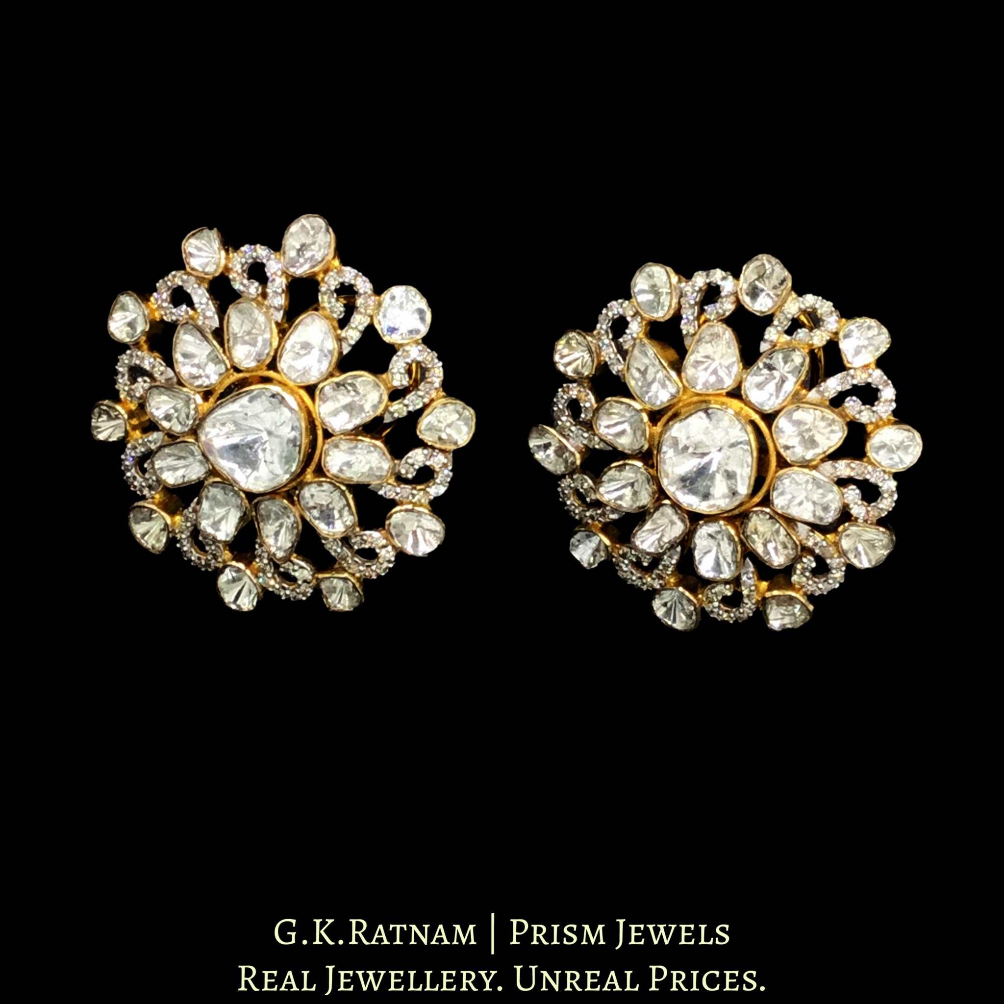 14k Gold and Diamond Polki Open Setting Whirlpool Karanphool Earring Pair