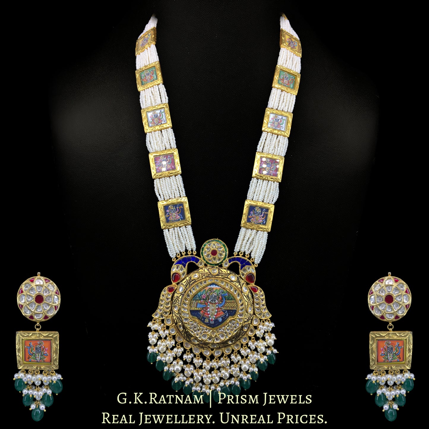 23k Gold and Diamond Polki Pendant Set with Patrihaar / Ranihaar of hand-painted Shri Nath Ji Motifs