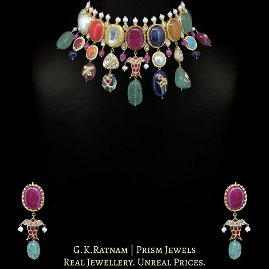 18k Gold and Diamond Polki Navratna Choker Necklace Set