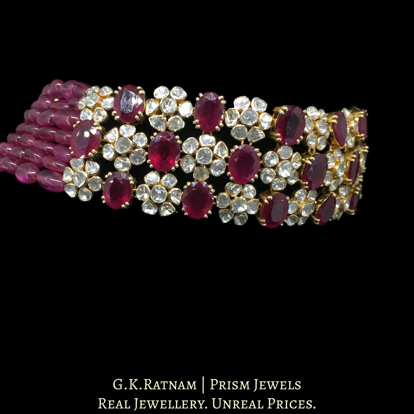 18k Gold and Diamond Polki Open Setting Choker Necklace Set with Rubies